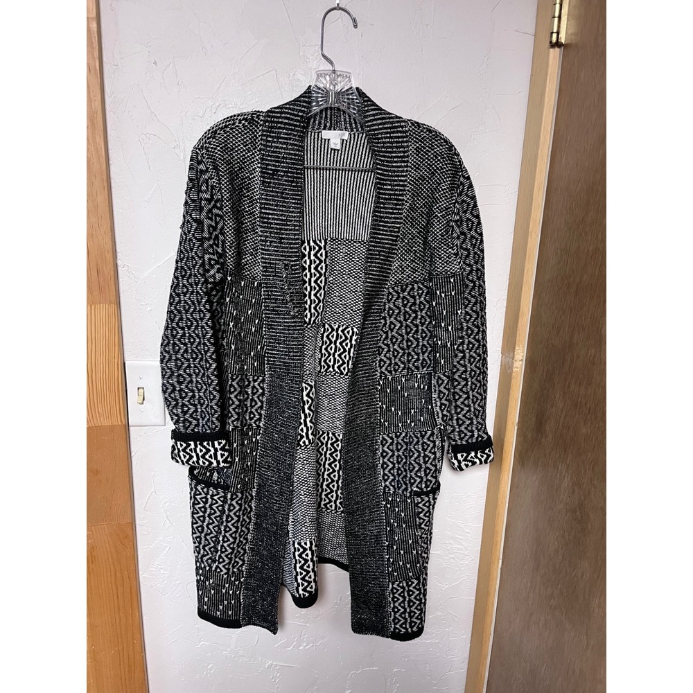 J. Jill Womens XS Black White Geometric Patchwork Open Front Cardigan Wo